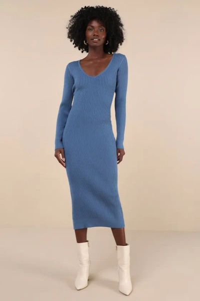 Lulus Everyday Beauty Blue Long Sleeve Ribbed Knit Sweater Dress