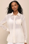 LULUS EVERYDAY CHOICE IVORY AND BEIGE STRIPED BURNOUT BUTTON-UP TOP