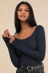 Lulus Everyday Design Navy Blue Long Sleeve Top In Navy Blue