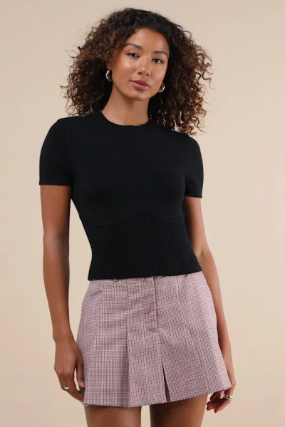 Lulus Everyone's A Winter Black Short Sleeve Seamed Sweater Top