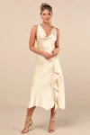 Lulus Evette Pale Yellow Satin Cowl Ruffled Handkerchief Midi Dress In Yellow