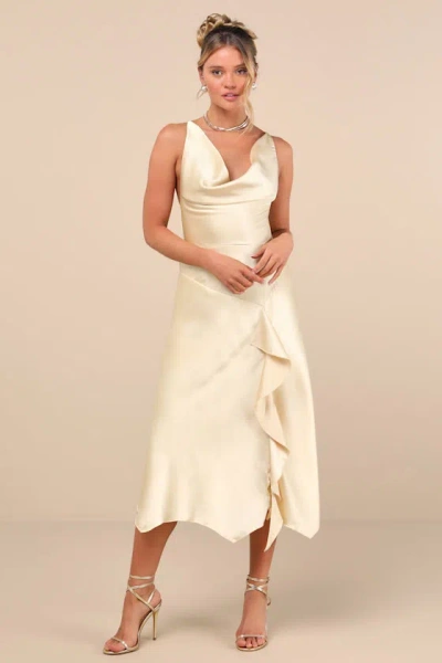 Lulus Evette Pale Yellow Satin Cowl Ruffled Handkerchief Midi Dress