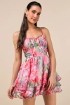 Lulus Evonne Pink Abstract Floral Tiered Mini Skater Dress In Pink