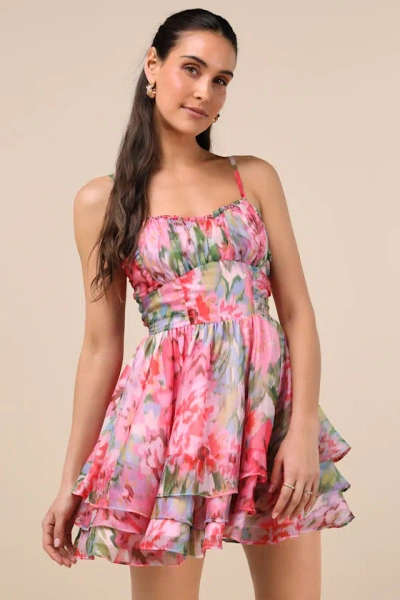 Lulus Evonne Pink Abstract Floral Tiered Mini Skater Dress