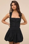 Lulus Evynne Black Poplin Bubble-hem Mini Skirt In Black