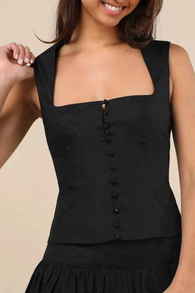 Lulus Evynne Black Poplin Cap Sleeve Button-front Top