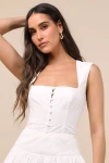 Lulus Evynne White Poplin Cap Sleeve Button-front Top In White