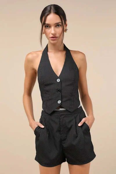 Lulus Exceeding Poise Black Pinstriped Halter Vest