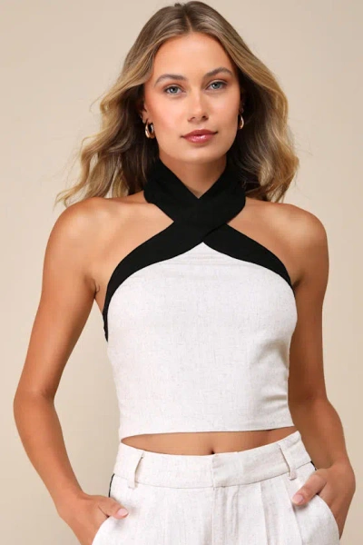 Lulus Exceedingly Cool Beige Color Block Linen Halter Crop Top