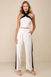 Lulus Exceedingly Cool Beige Color Block Linen Straight Leg Pants In Beige