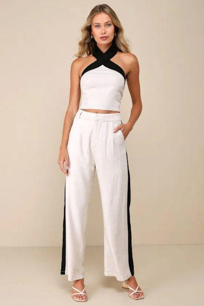 Lulus Exceedingly Cool Beige Color Block Linen Straight Leg Pants