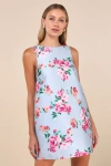 Lulus Exceedingly Darling Blue Floral Plunge Back Bow Shift Mini Dress In Blue