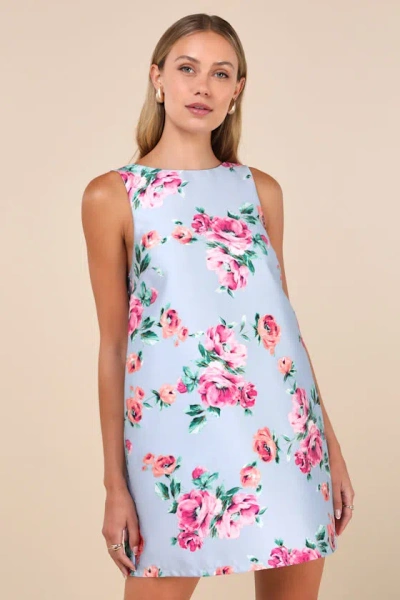 Lulus Exceedingly Darling Blue Floral Plunge Back Bow Shift Mini Dress
