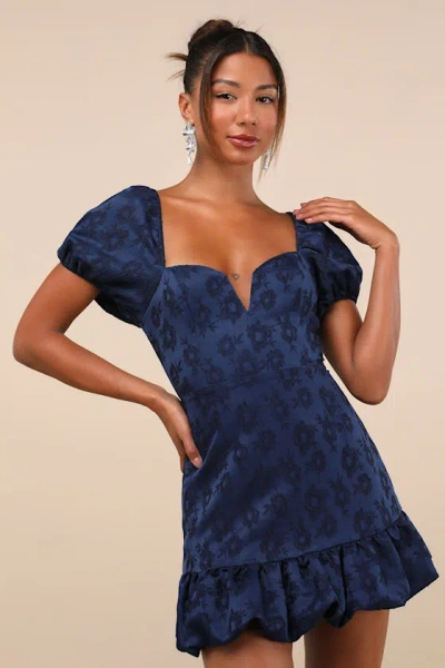 Lulus Exceedingly Delightful Navy Blue Jacquard Puff Sleeve Mini Dress