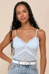 Lulus Exceedingly Flirty Light Blue Lace Sheer Sleeveless Bodysuit In Light Blue