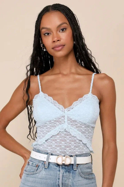 Lulus Exceedingly Flirty Light Blue Lace Sheer Sleeveless Bodysuit
