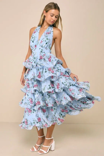 Lulus Exceedingly Gorgeous Light Blue Floral Tiered Halter Midi Dress