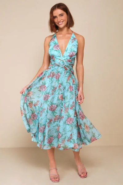 Lulus Exceedingly Radiant Blue Floral O-ring Cutout Halter Midi Dress