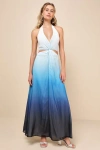LULUS EXCEPTIONAL CHOICE BLUE OMBRE TWIST-FRONT HALTER MAXI DRESS