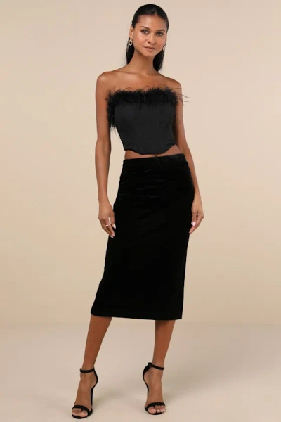 Lulus Exceptional Confidence Black Velvet Ruched Midi Skirt
