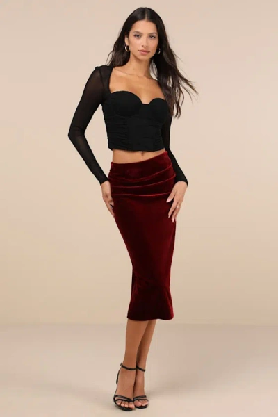Lulus Exceptional Confidence Wine Red Velvet Ruched Midi Skirt