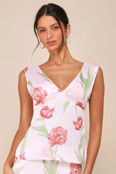 Lulus Exceptional Darling Blush Pink Floral Satin V-neck Tank Top