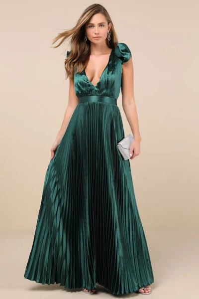 Lulus Exceptional Drama Emerald Satin Lace-up Pleated Maxi Dress In Green