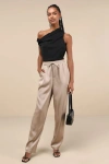 LULUS EXCEPTIONAL EDGE TAUPE SATIN HIGH-RISE DRAWSTRING PANTS