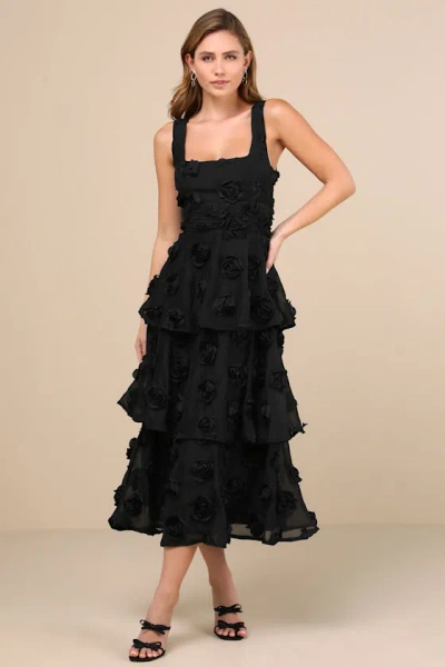 Lulus Exceptional Entrance Black Sleeveless Tiered Rosette Midi Dress