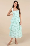 Lulus Exceptional Entrance Mint Sleeveless Tiered Rosette Midi Dress In Blue