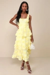 Lulus Exceptional Entrance Yellow Sleeveless Tiered Rosette Midi Dress In Yellow