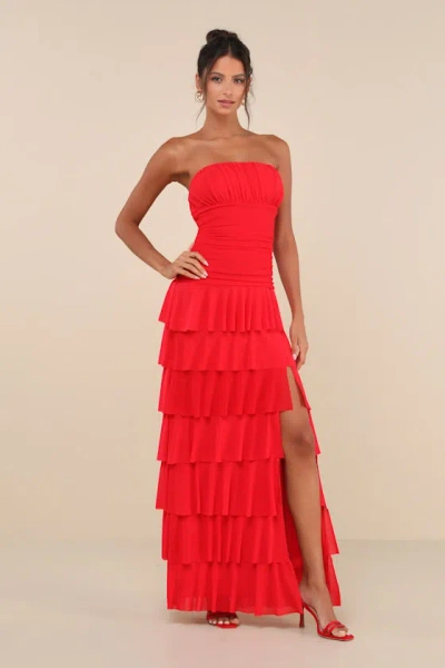 Lulus Exceptional Existence Red Mesh Ruched Tiered Maxi Dress