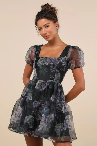 Lulus Exceptional Fate Black Floral Organza Puff Sleeve Mini Dress