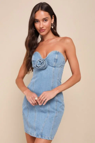 Lulus Exceptional Flirt Light Wash Denim Rosette Strapless Mini Dress In Blue