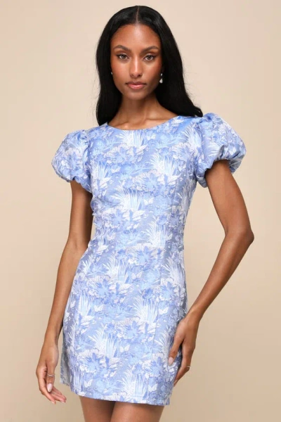 Lulus Exceptional Icon Blue Floral Jacquard Puff Sleeve Mini Dress
