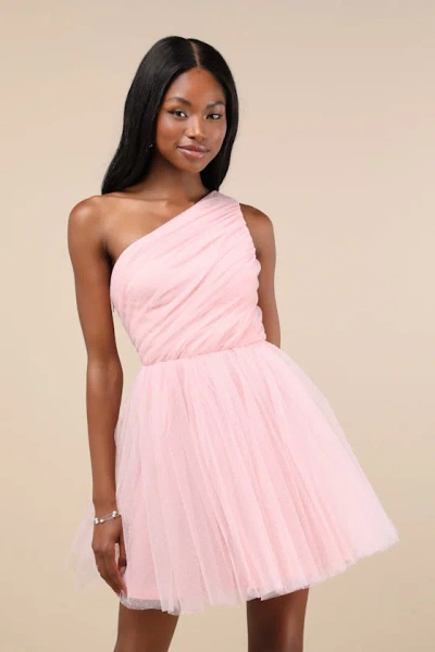 Lulus Exceptional Moments Light Pink Swiss Dot One-shoulder Mini Dress