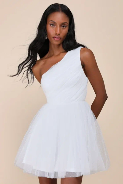 Lulus Exceptional Moments White Swiss Dot One-shoulder Mini Dress