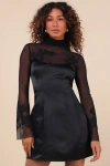 Lulus Exceptional Muse Black Satin Mock Neck Mini Dress In Black