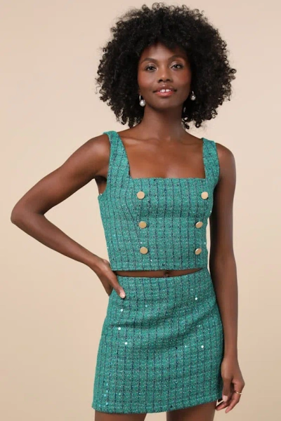 Lulus Exceptional Season Green Tweed Lurex Sequin Mini Skirt