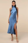 Lulus Exceptional Status Blue Halter Backless Slip Midi Dress In Blue
