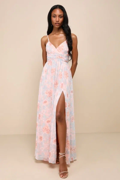Lulus Exceptional Sweetness Peach Floral Chiffon Pleated Maxi Dress