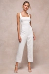 Lulus Exceptional Vision White Textured Jacquard Backless Bow Jumpsuit In White