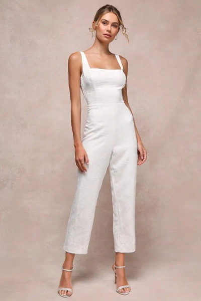 Lulus Exceptional Vision White Textured Jacquard Backless Bow Jumpsuit