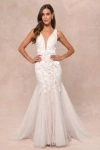 Lulus Exceptional Vow White Tulle Lace Applique Mermaid Maxi Dress In White