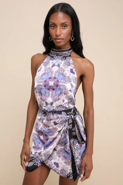 Lulus Exceptional Ways Lilac Multi Scarf Print Faux-wrap Mini Dress