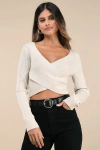 Lulus Exceptionally Confident Cream Ribbed Cross-front Sweater Top In White