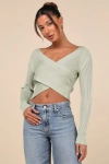 Lulus Exceptionally Confident Sage Ribbed Cross-front Sweater Top In Green
