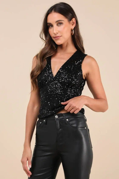 Lulus Exceptionally Fabulous Black Sequin V-neck Cropped Tank Top
