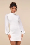 Lulus Exceptionally Flirty White Long Sleeve Backless Mini Dress In White