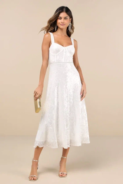 Lulus Exceptionally Glamorous White Sequin Pearl Bustier Midi Dress